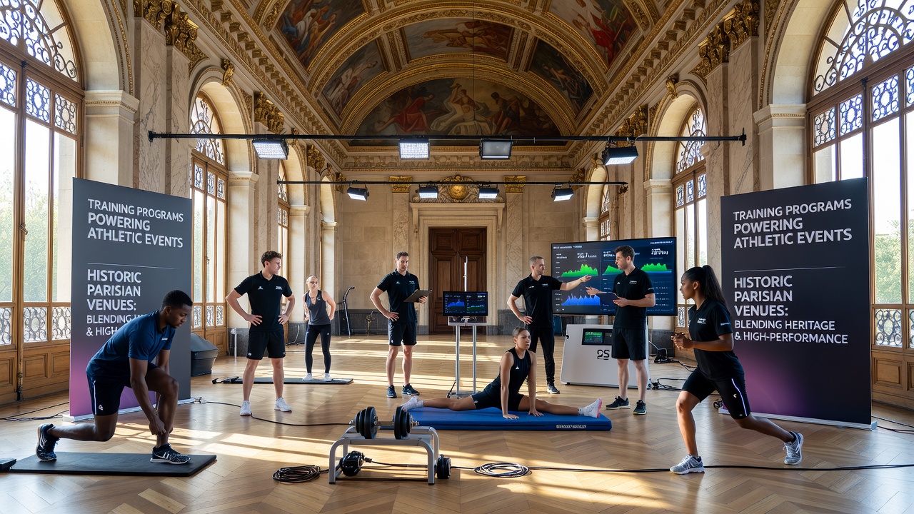 Coaches and athletes reviewing performance data on tablets inside a historic Parisian training facility