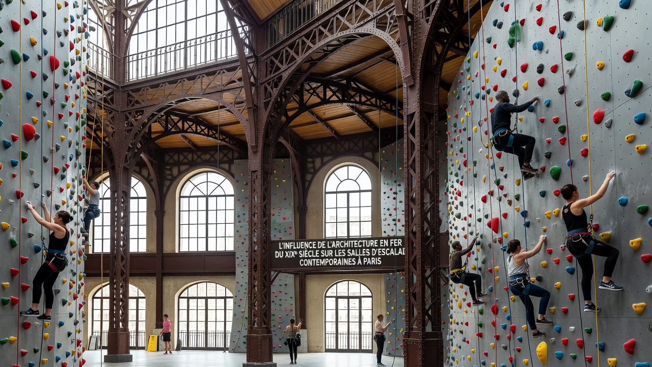 Climbers using routes beneath preserved iron trusses in a Paris district gym