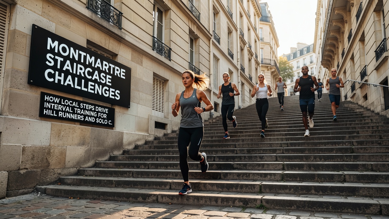 Solo climber executing controlled descent on Montmartre steps as part of an interval recovery phase