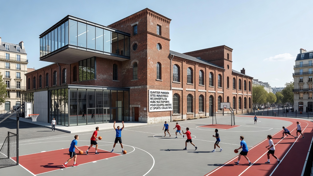Interior view of a multi-sport hub showing basketball courts, climbing walls, and training zones for mixed team and individual use in a former industrial building