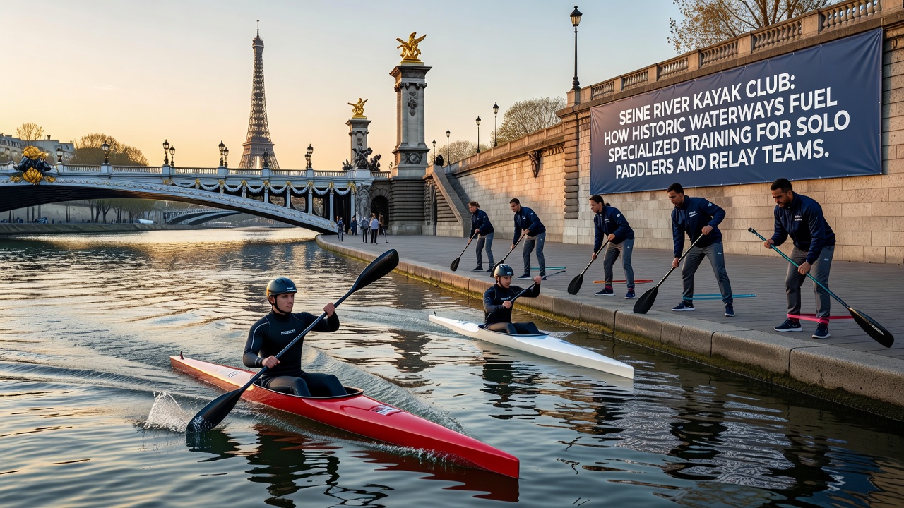 Relay kayak team practicing handoff technique on the Seine with historic architecture in the background